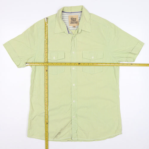 Marks & Spencer Men Green M Cotton Striped Short Sleeve Button-Up Shirt