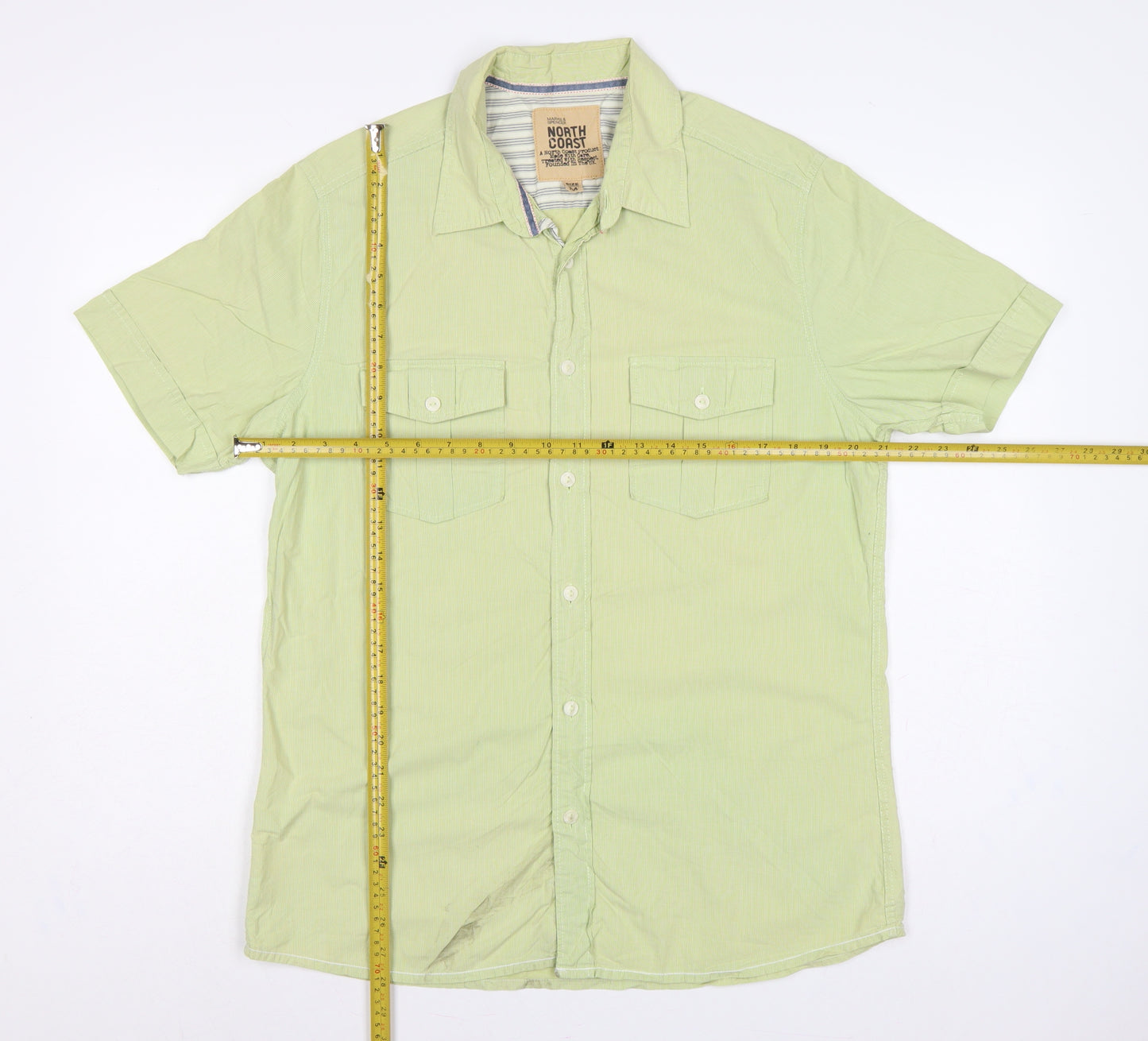 Marks & Spencer Men Green M Cotton Striped Short Sleeve Button-Up Shirt