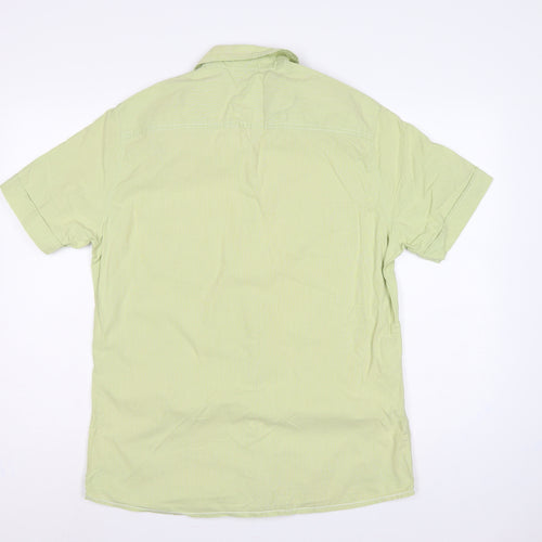 Marks & Spencer Men Green M Cotton Striped Short Sleeve Button-Up Shirt