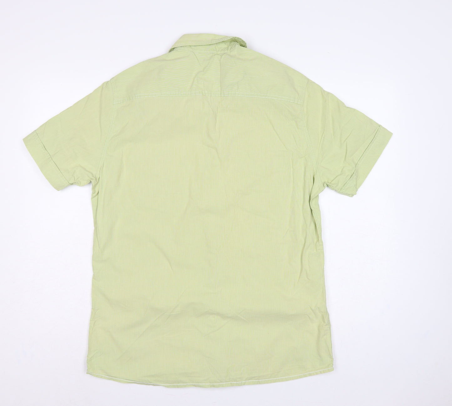 Marks & Spencer Men Green M Cotton Striped Short Sleeve Button-Up Shirt