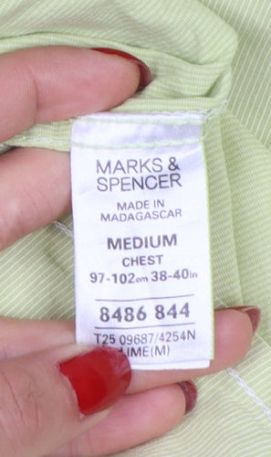 Marks & Spencer Men Green M Cotton Striped Short Sleeve Button-Up Shirt