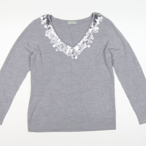 Per Una Women Grey Size 16 Sequin V-Neck Long Sleeve Knit Jumper