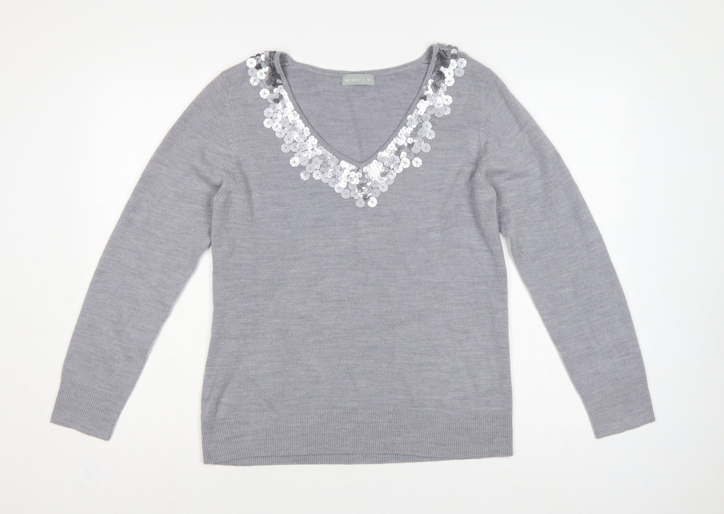 Per Una Women Grey Size 16 Sequin V-Neck Long Sleeve Knit Jumper