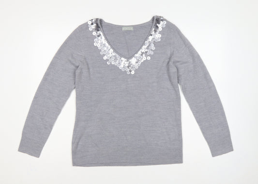 Per Una Women Grey Size 16 Sequin V-Neck Long Sleeve Knit Jumper