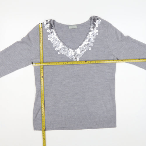 Per Una Women Grey Size 16 Sequin V-Neck Long Sleeve Knit Jumper