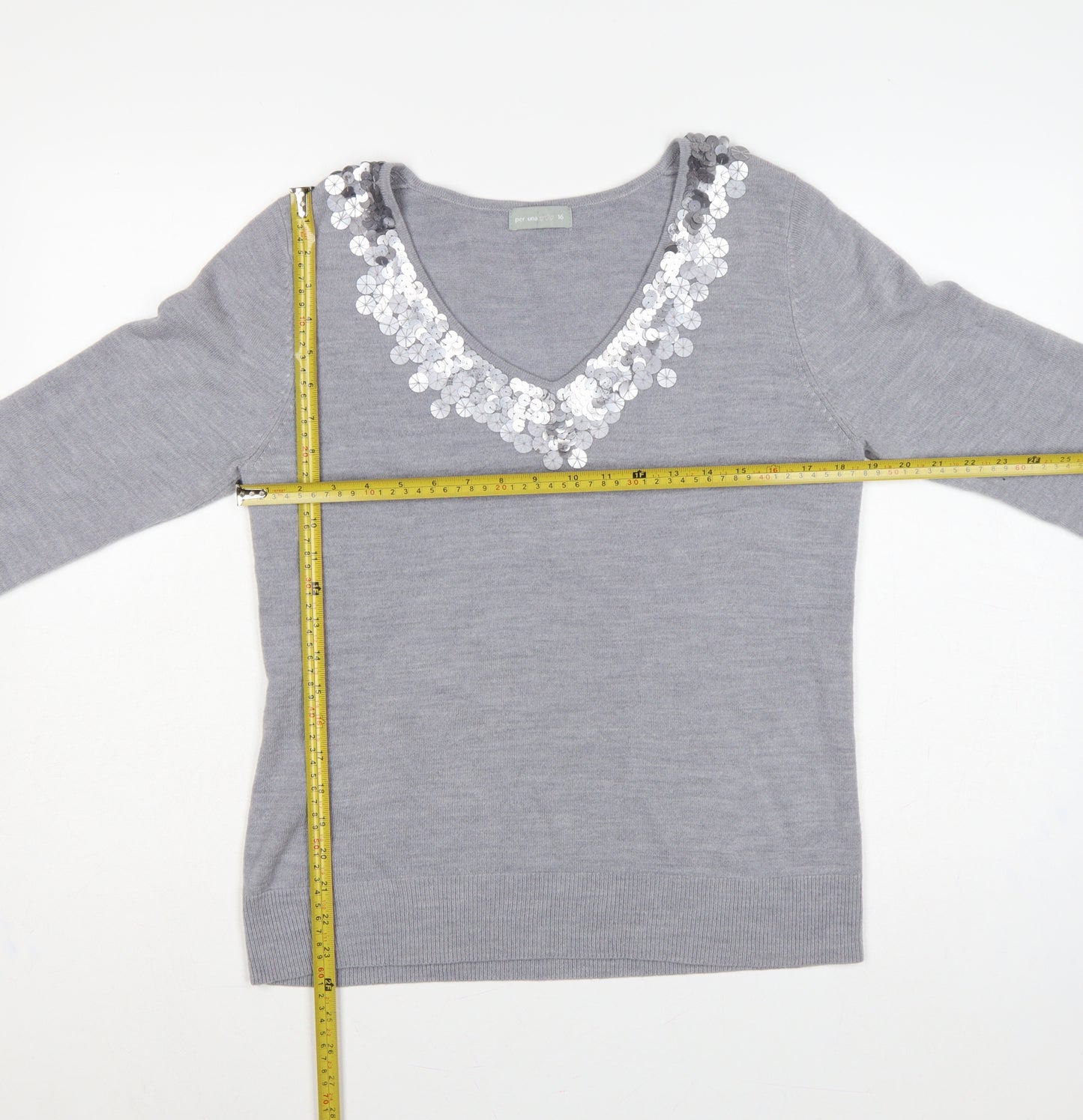 Per Una Women Grey Size 16 Sequin V-Neck Long Sleeve Knit Jumper