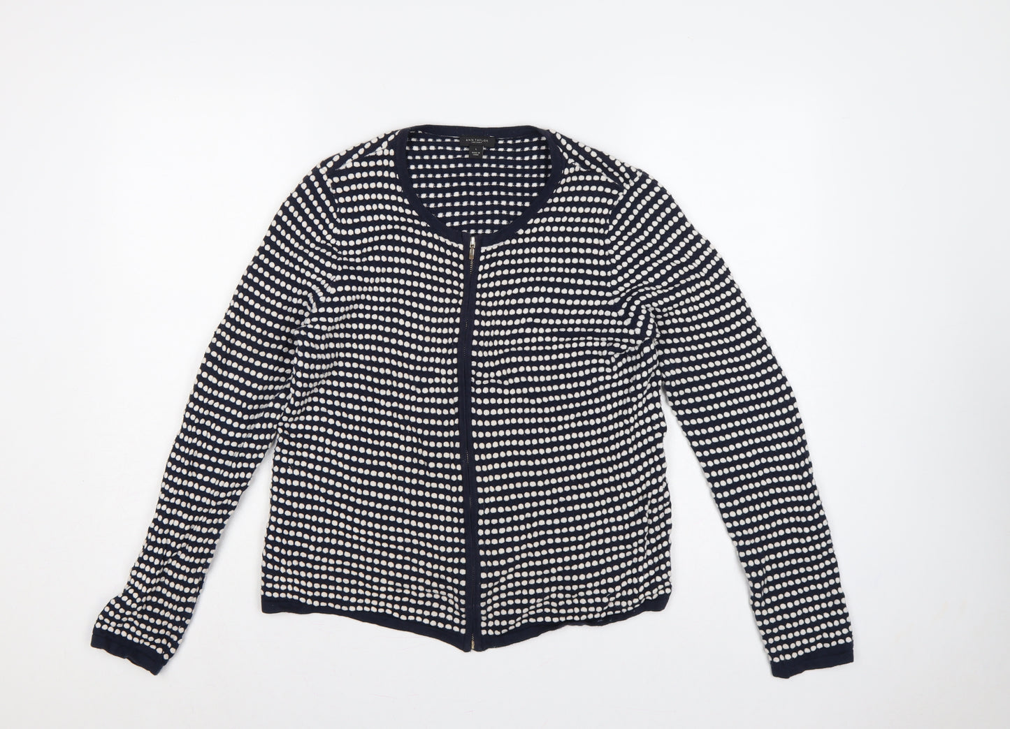 Ann Taylor Factory Women Blue L Full Zip Cotton Striped Cardigan