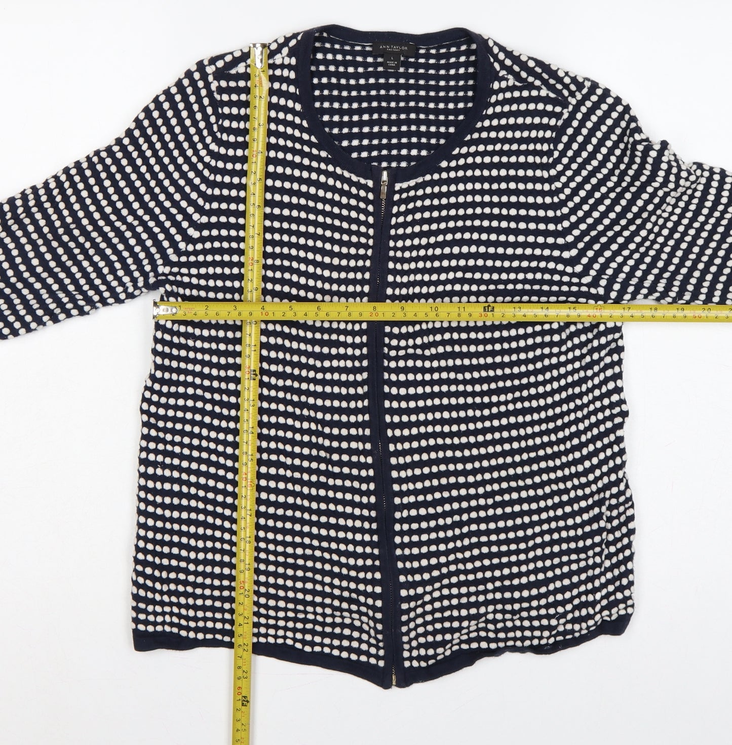 Ann Taylor Factory Women Blue L Full Zip Cotton Striped Cardigan