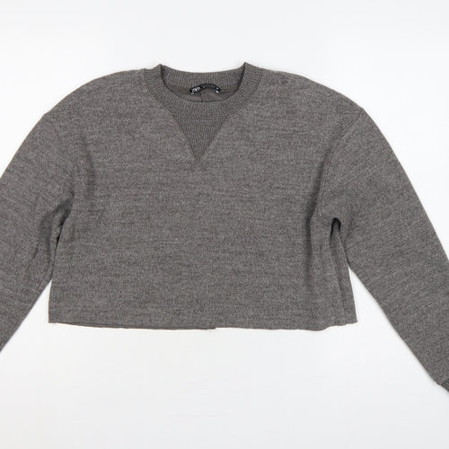 Zara Women Grey M Knit Crew Neck Pullover Sweatshirt Long Sleeve