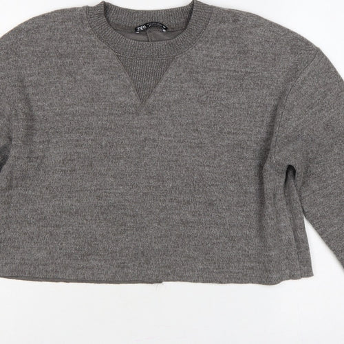 Zara Women Grey M Knit Crew Neck Pullover Sweatshirt Long Sleeve