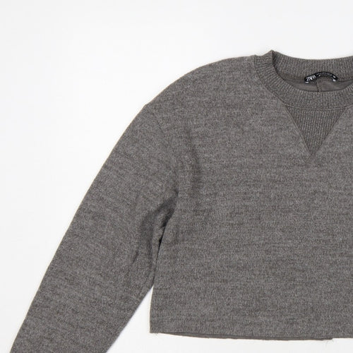 Zara Women Grey M Knit Crew Neck Pullover Sweatshirt Long Sleeve