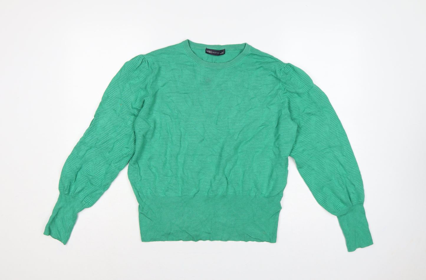 Marks and Spencer Women Green L Cable Knit Puff Sleeve Jumper