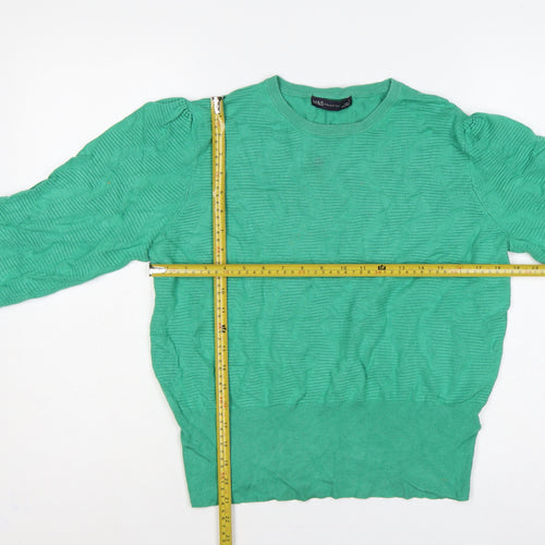 Marks and Spencer Women Green L Cable Knit Puff Sleeve Jumper