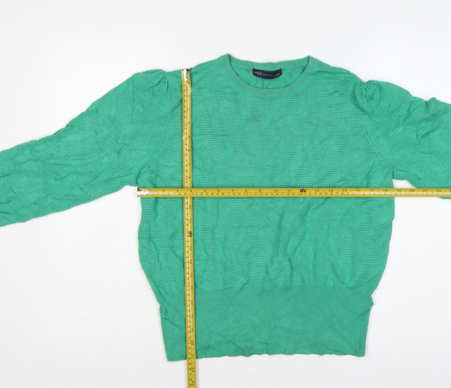 Marks and Spencer Women Green L Cable Knit Puff Sleeve Jumper