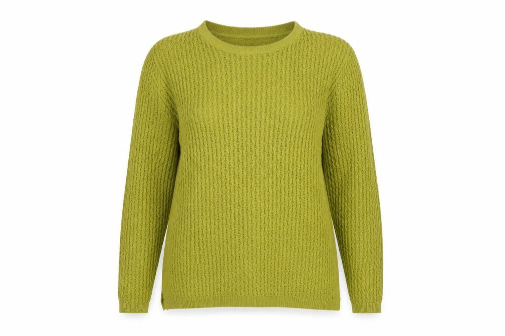 Front view of Isle Essentials Women’s Green Open Knit jumper UK 14