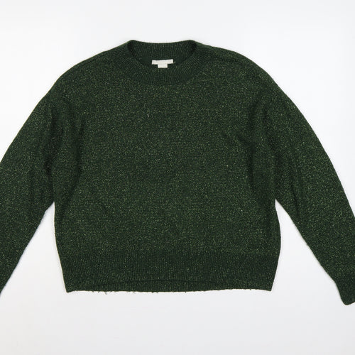 H&M Women Green Gold Glitter Knit Crew Neck Pullover Jumper XS