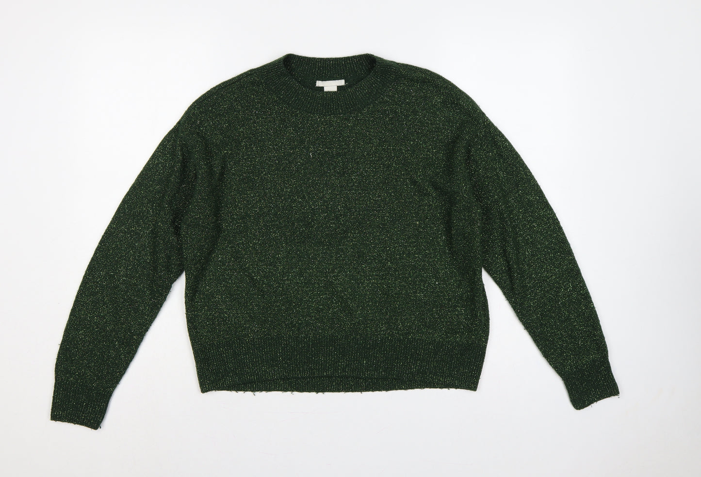 H&M Women Green Gold Glitter Knit Crew Neck Pullover Jumper XS