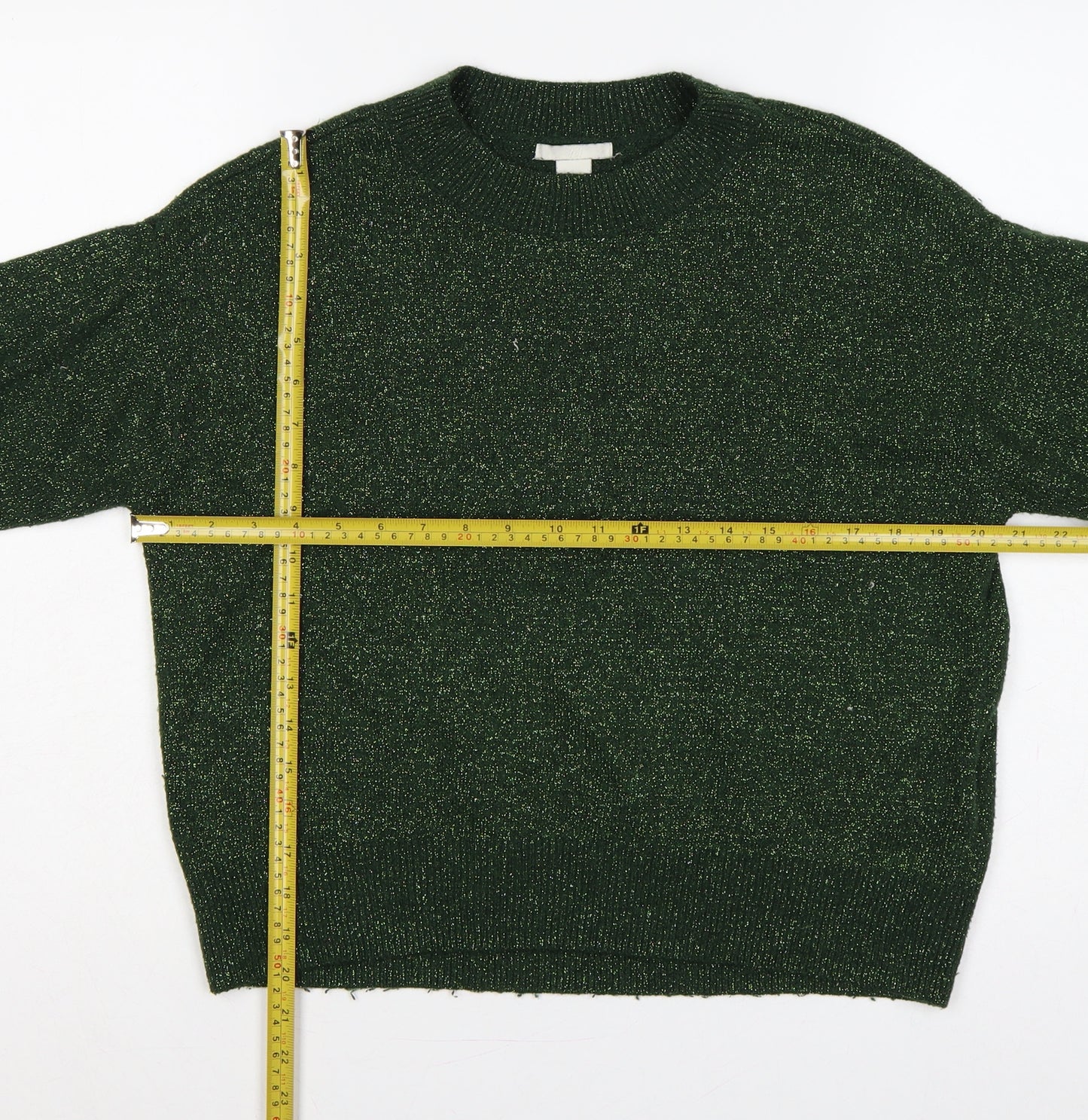H&M Women Green Gold Glitter Knit Crew Neck Pullover Jumper XS