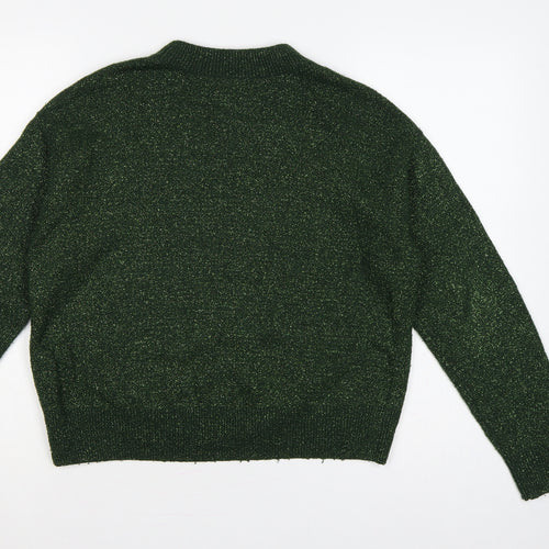 H&M Women Green Gold Glitter Knit Crew Neck Pullover Jumper XS