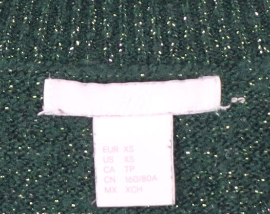 H&M Women Green Gold Glitter Knit Crew Neck Pullover Jumper XS