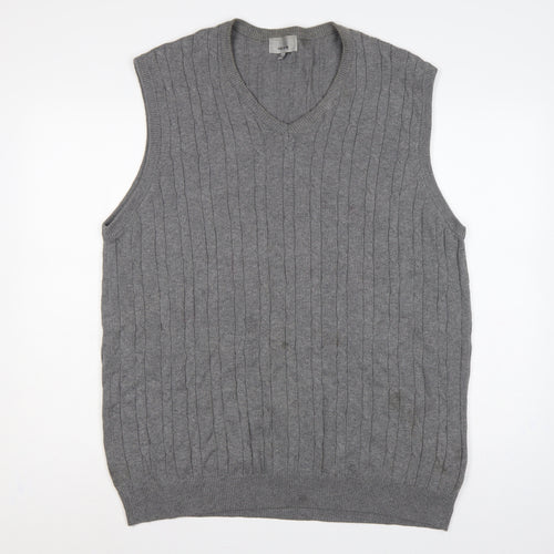 Marks and Spencer Men Grey XL Cable Knit Cotton V-Neck Vest Jumper