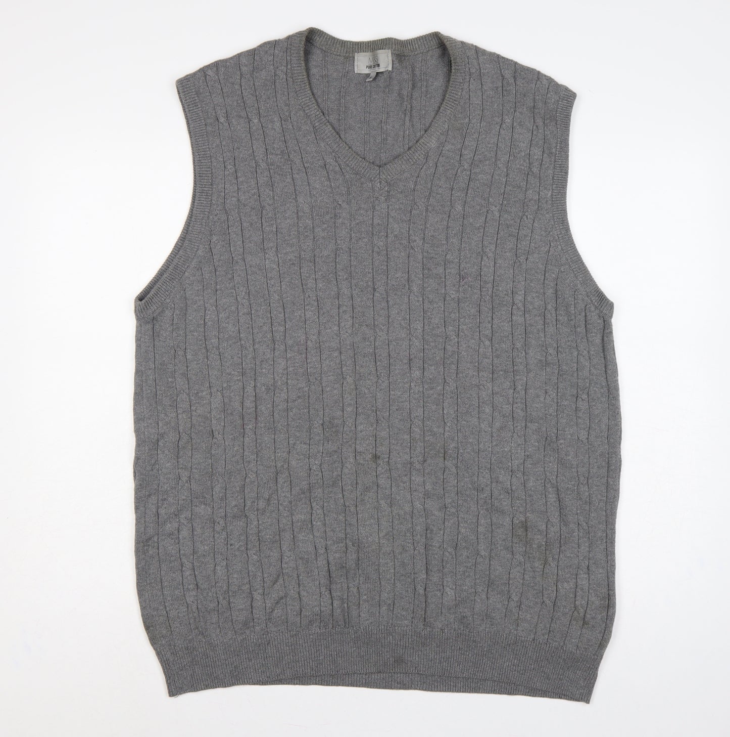 Marks and Spencer Men Grey XL Cable Knit Cotton V-Neck Vest Jumper
