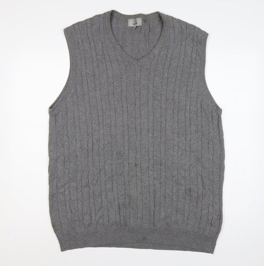 Marks and Spencer Men Grey XL Cable Knit Cotton V-Neck Vest Jumper