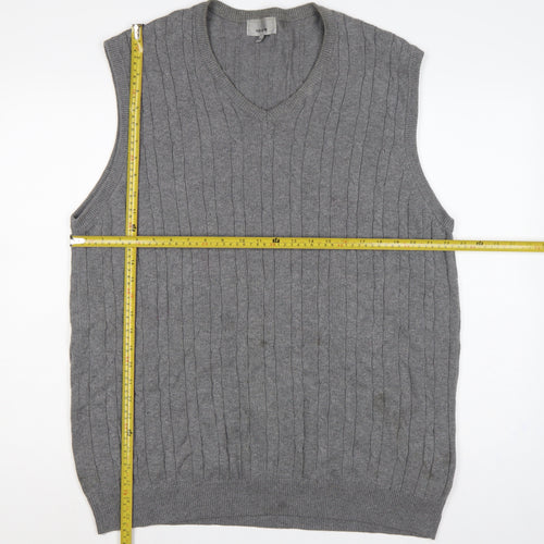 Marks and Spencer Men Grey XL Cable Knit Cotton V-Neck Vest Jumper