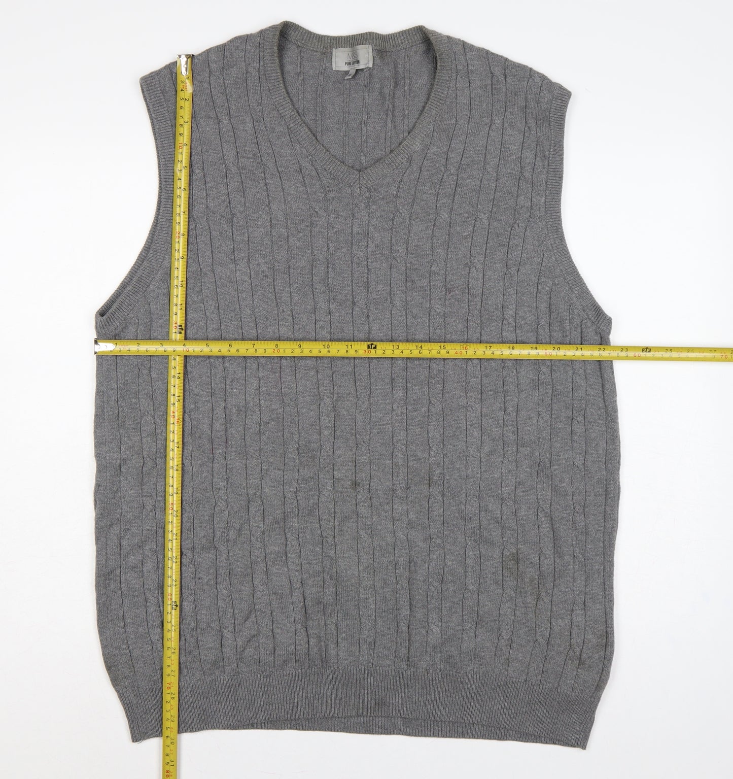 Marks and Spencer Men Grey XL Cable Knit Cotton V-Neck Vest Jumper