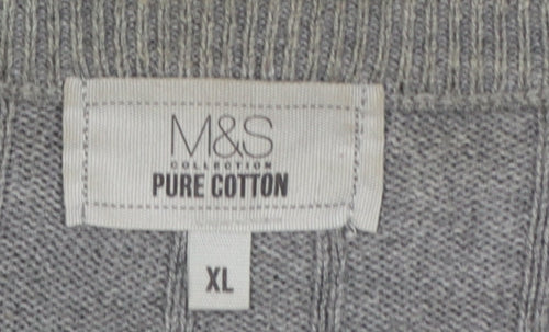 Marks and Spencer Men Grey XL Cable Knit Cotton V-Neck Vest Jumper