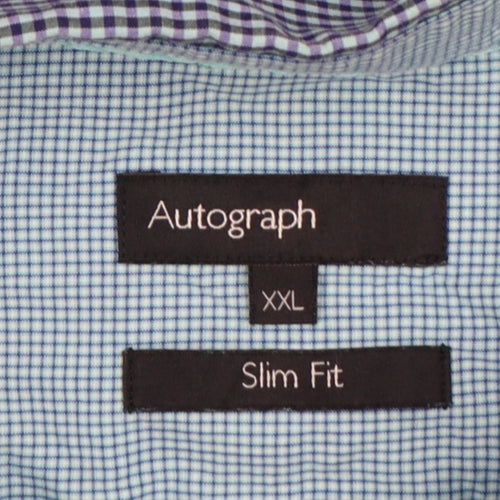 M&S Autograph Men’s Blue Check Slim Fit 2XL Short Sleeve Shirt