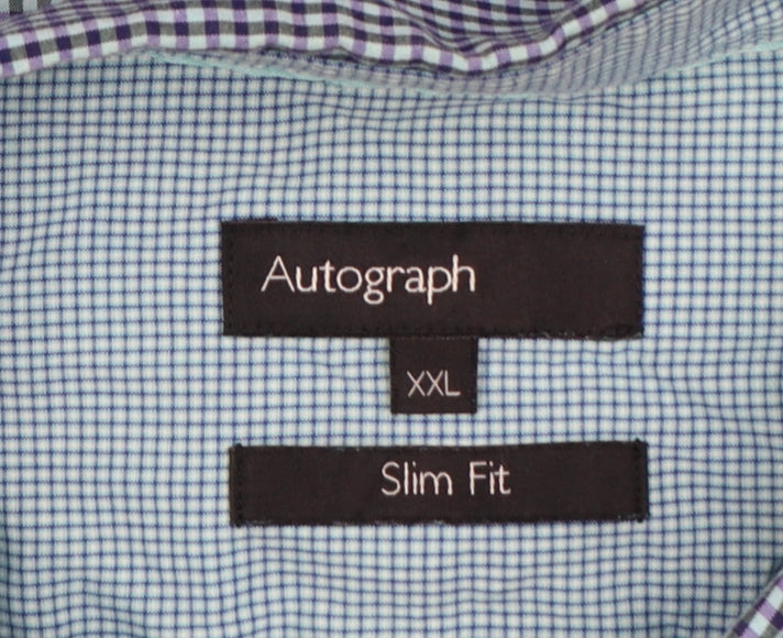 M&S Autograph Men’s Blue Check Slim Fit 2XL Short Sleeve Shirt