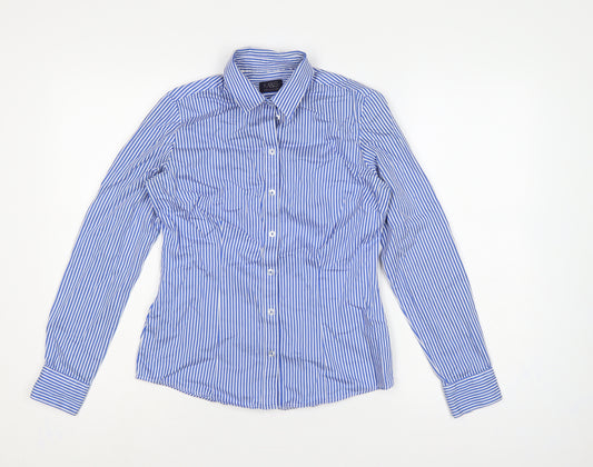 Marks and Spencer Women Blue Striped Cotton Button-Up Shirt UK 8