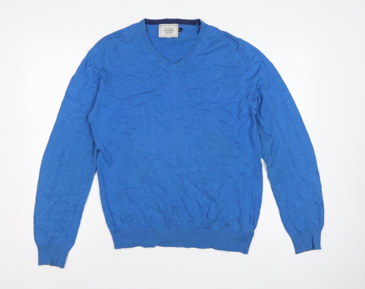 John Lewis Men's Blue M Cotton Cashmere V-Neck Pullover Jumper