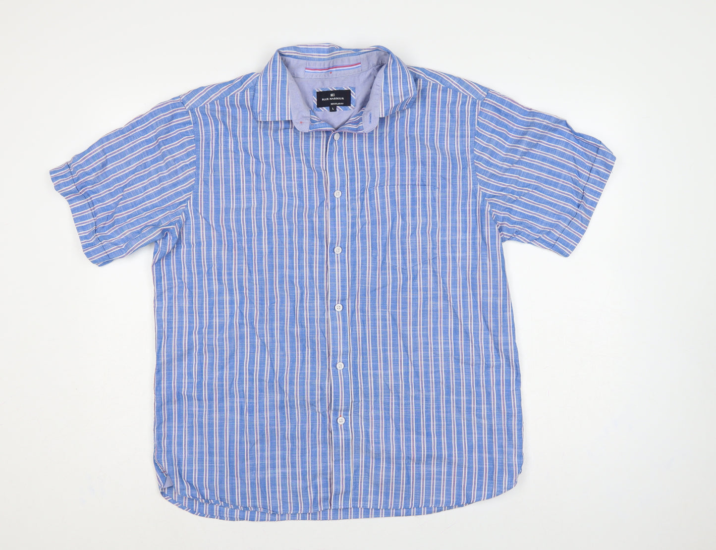 Marks & Spencer Men Blue Large Regular Fit Striped Short Sleeve Shirt