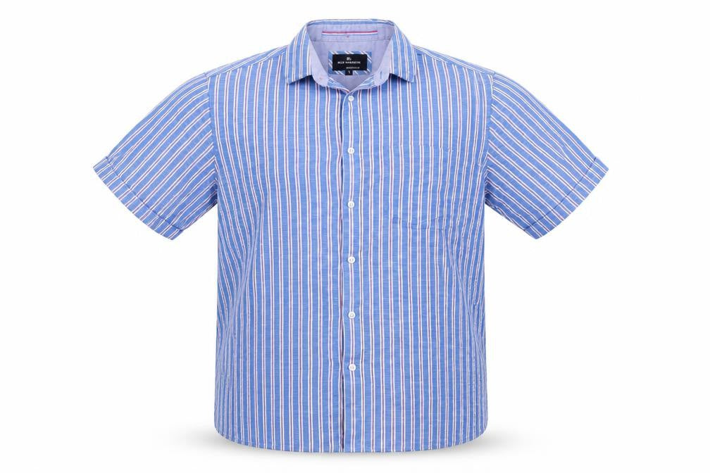 Front view of Marks & Spencer Men Blue Large Regular Fit Striped Short Sleeve Shirt
