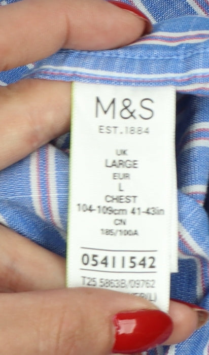 Marks & Spencer Men Blue Large Regular Fit Striped Short Sleeve Shirt