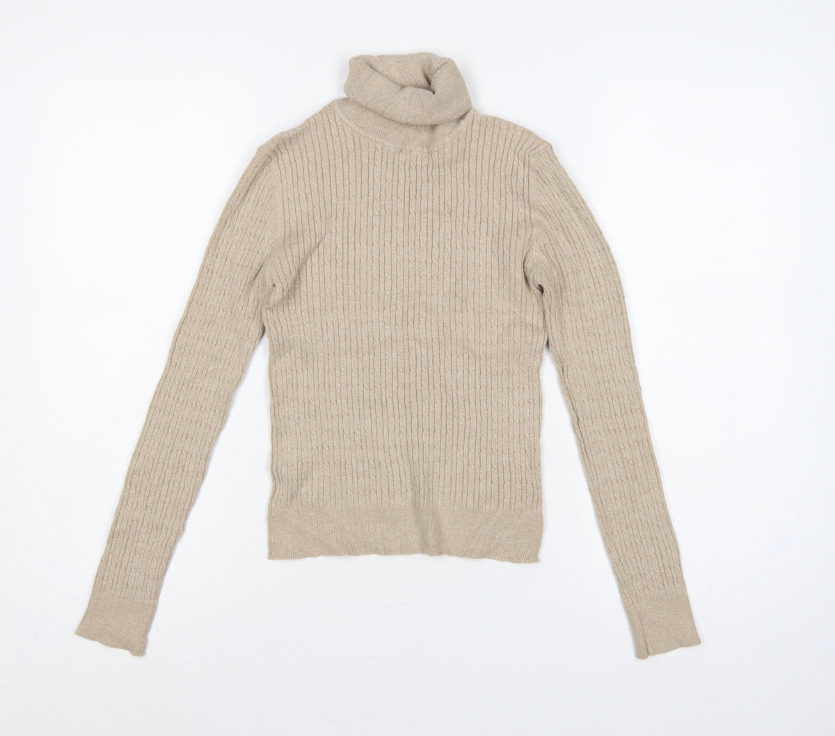Back view of Stradivarius Women Beige M Ribbed Roll Neck jumper