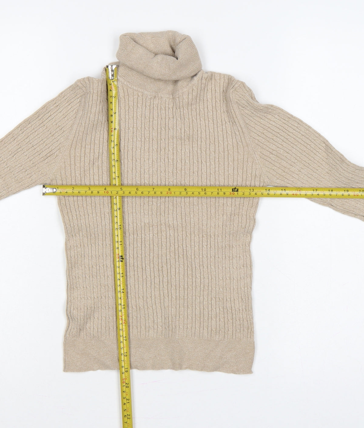 Close-up detail of Stradivarius Women Beige M Ribbed Roll Neck jumper