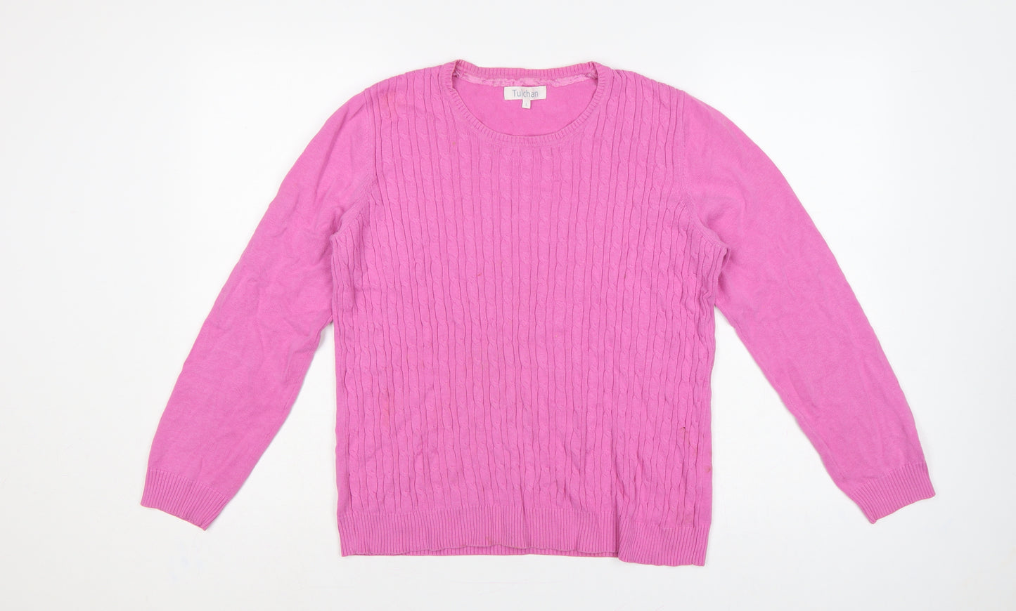Tulchan Women’s Pink L Cable Knit Cotton Round Neck Pullover Jumper