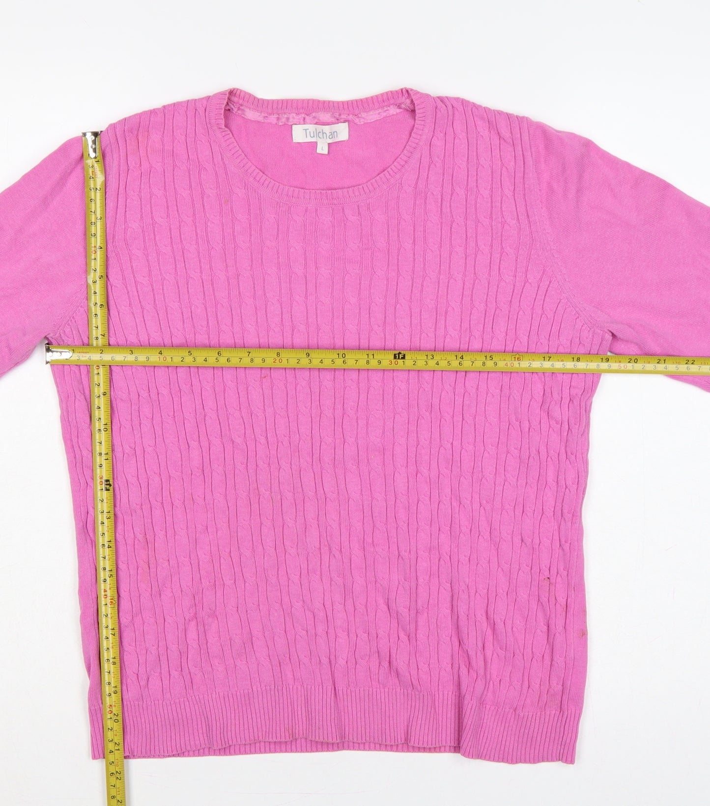 Tulchan Women’s Pink L Cable Knit Cotton Round Neck Pullover Jumper