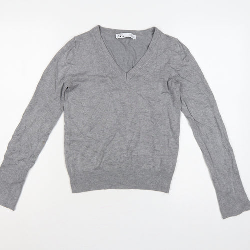 Zara Women Grey Size S V-Neck Fine Knit Long Sleeve Pullover Jumper