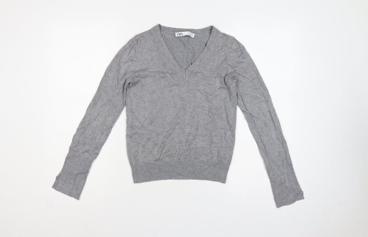 Zara Women Grey Size S V-Neck Fine Knit Long Sleeve Pullover Jumper