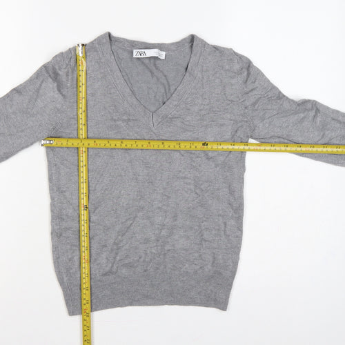 Zara Women Grey Size S V-Neck Fine Knit Long Sleeve Pullover Jumper
