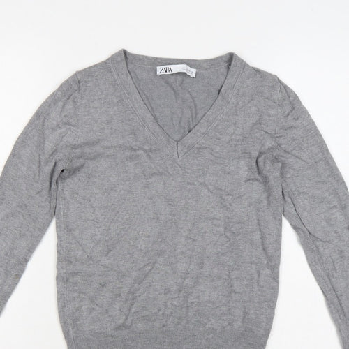 Zara Women Grey Size S V-Neck Fine Knit Long Sleeve Pullover Jumper