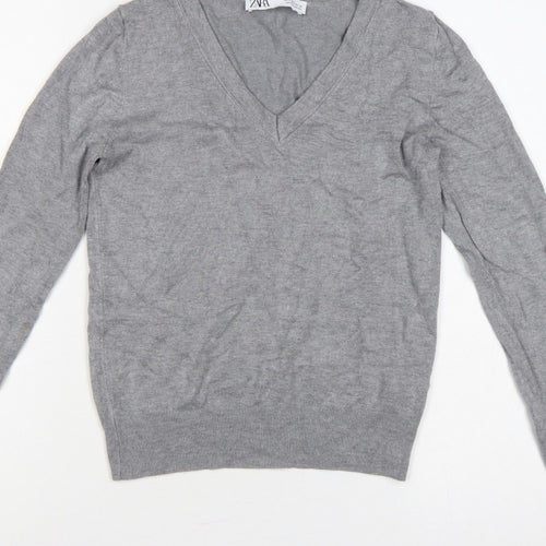 Zara Women Grey Size S V-Neck Fine Knit Long Sleeve Pullover Jumper