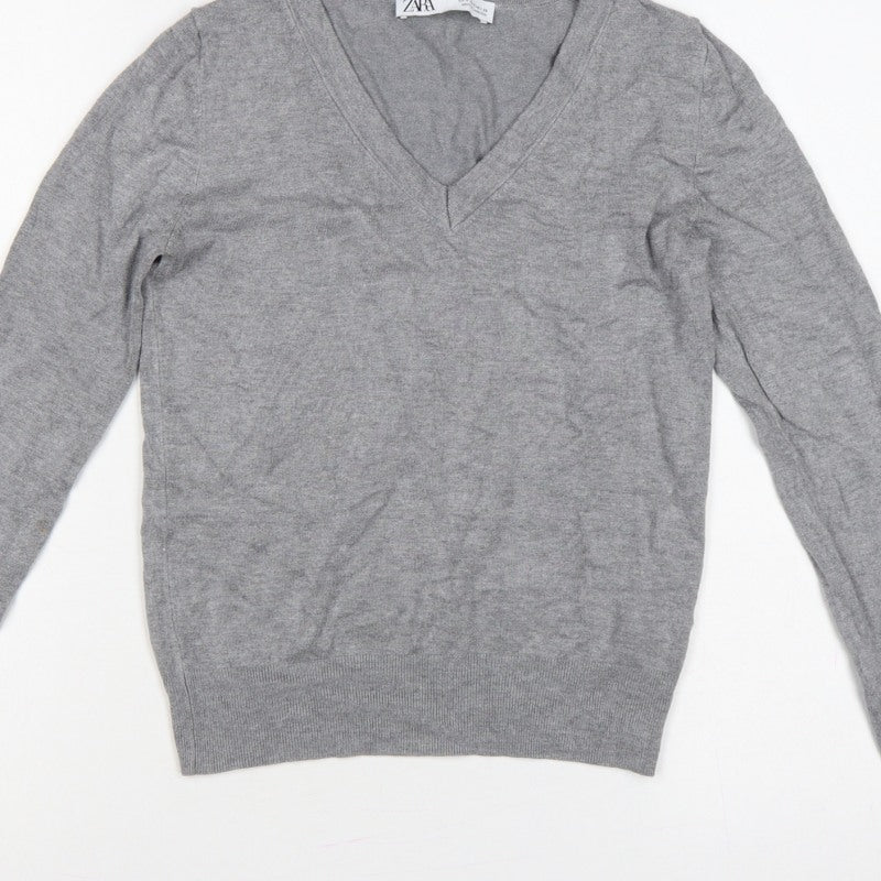 Zara Women Grey Size S V-Neck Fine Knit Long Sleeve Pullover Jumper