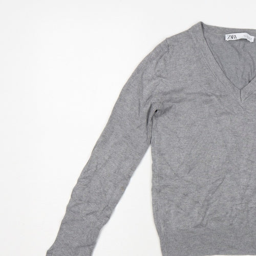 Zara Women Grey Size S V-Neck Fine Knit Long Sleeve Pullover Jumper