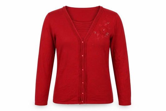 BM Collection Women’s Red S Floral Embroidered Beaded V-Neck Cardigan