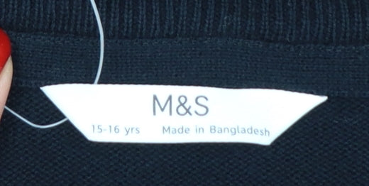 Marks and Spencer Teens Black XS V-Neck Cotton Pullover Jumper